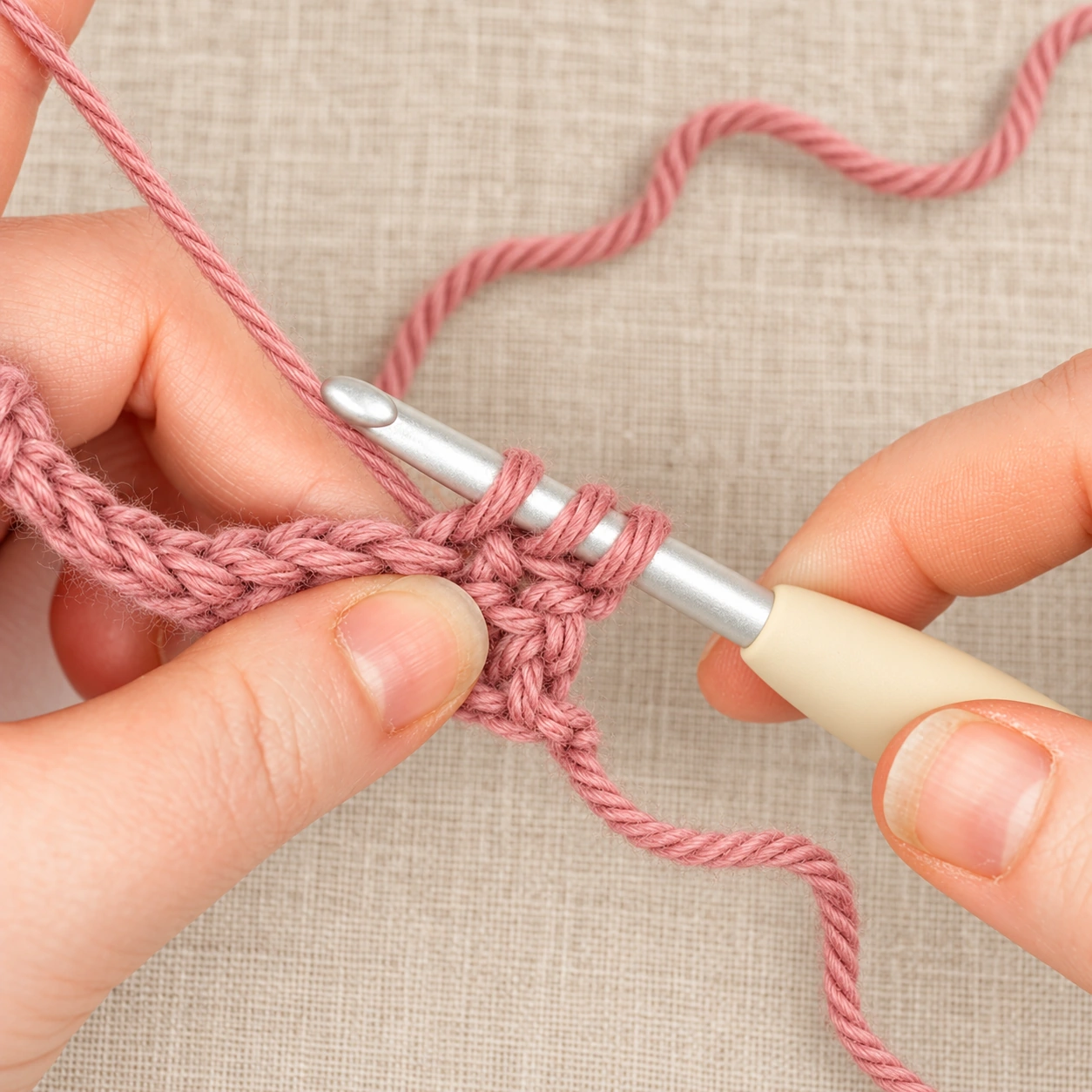 Three loops on the hook while forming a Double Crochet in the second row.