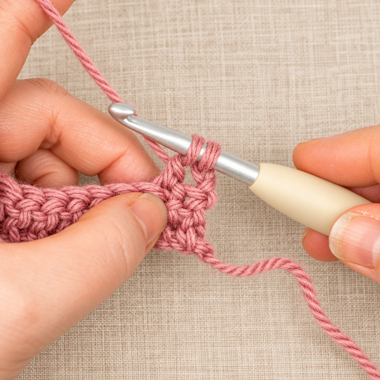 Two loops remaining on the hook while forming a second-row Double Crochet.