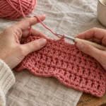Double Crochet practice swatch with yarn and hook, ready to begin