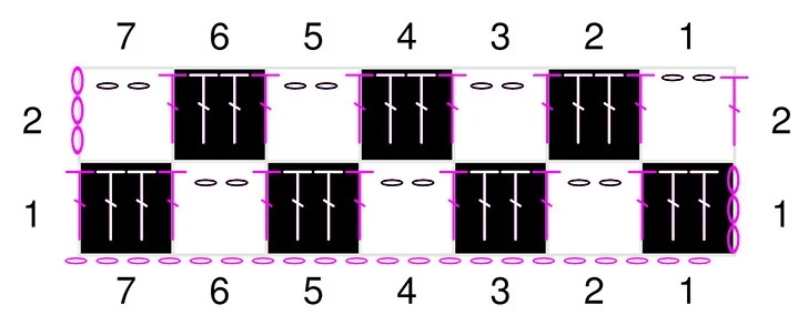 Filet crochet row 2 completed