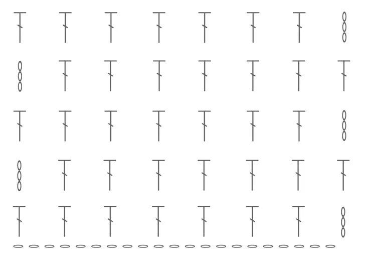 Filet crochet foundation chain for a closed first square, 7 columns, 24 chains