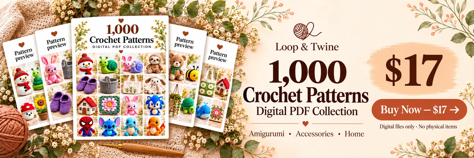 Loop and Twine, 1,000 Crochet Patterns, Digital PDF Collection. Amigurumi, Accessories, Home. $17. Digital files only, no physical items.