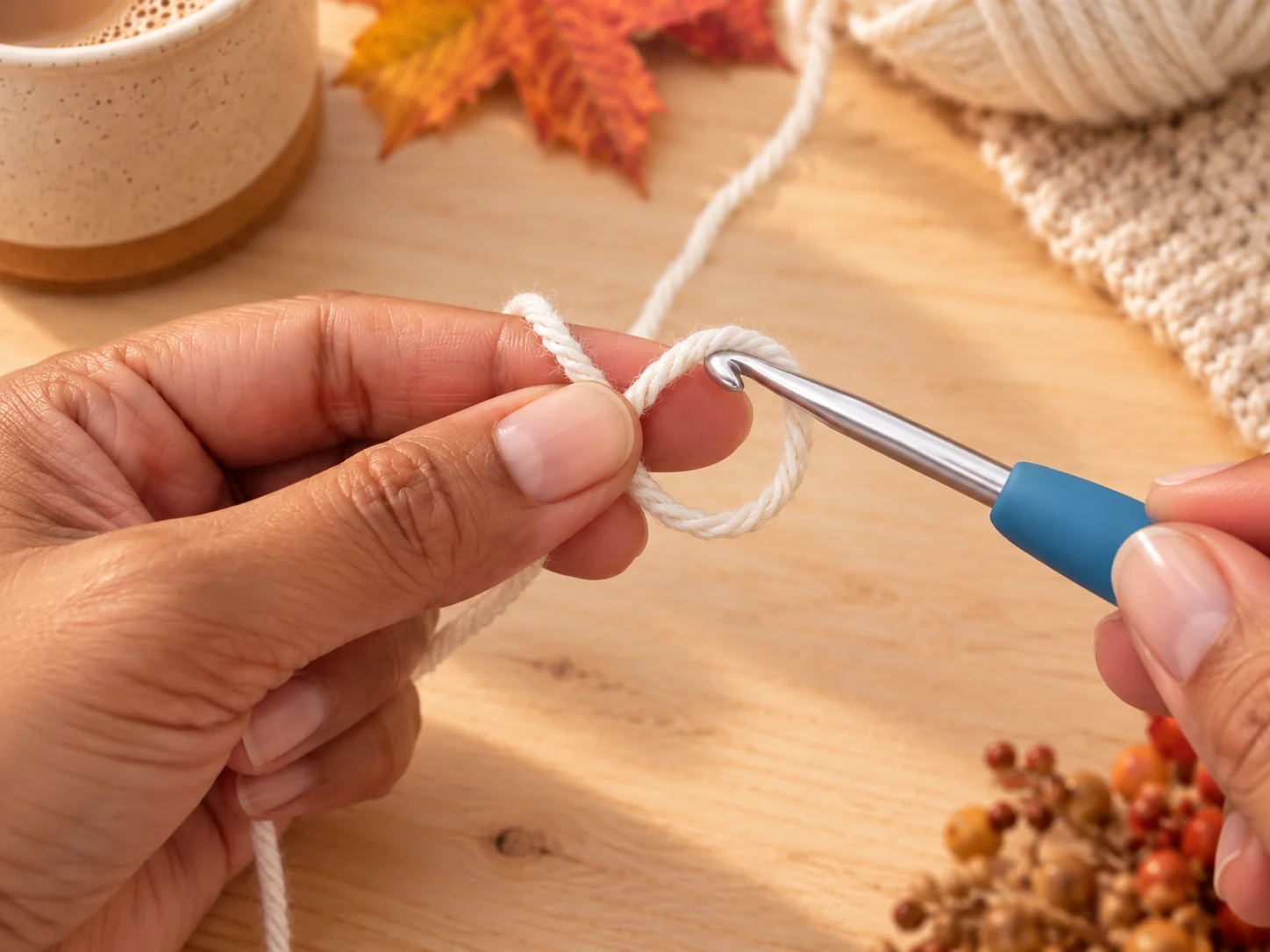 Hands forming a magic ring with cream yarn to begin a maple leaf crochet coaster