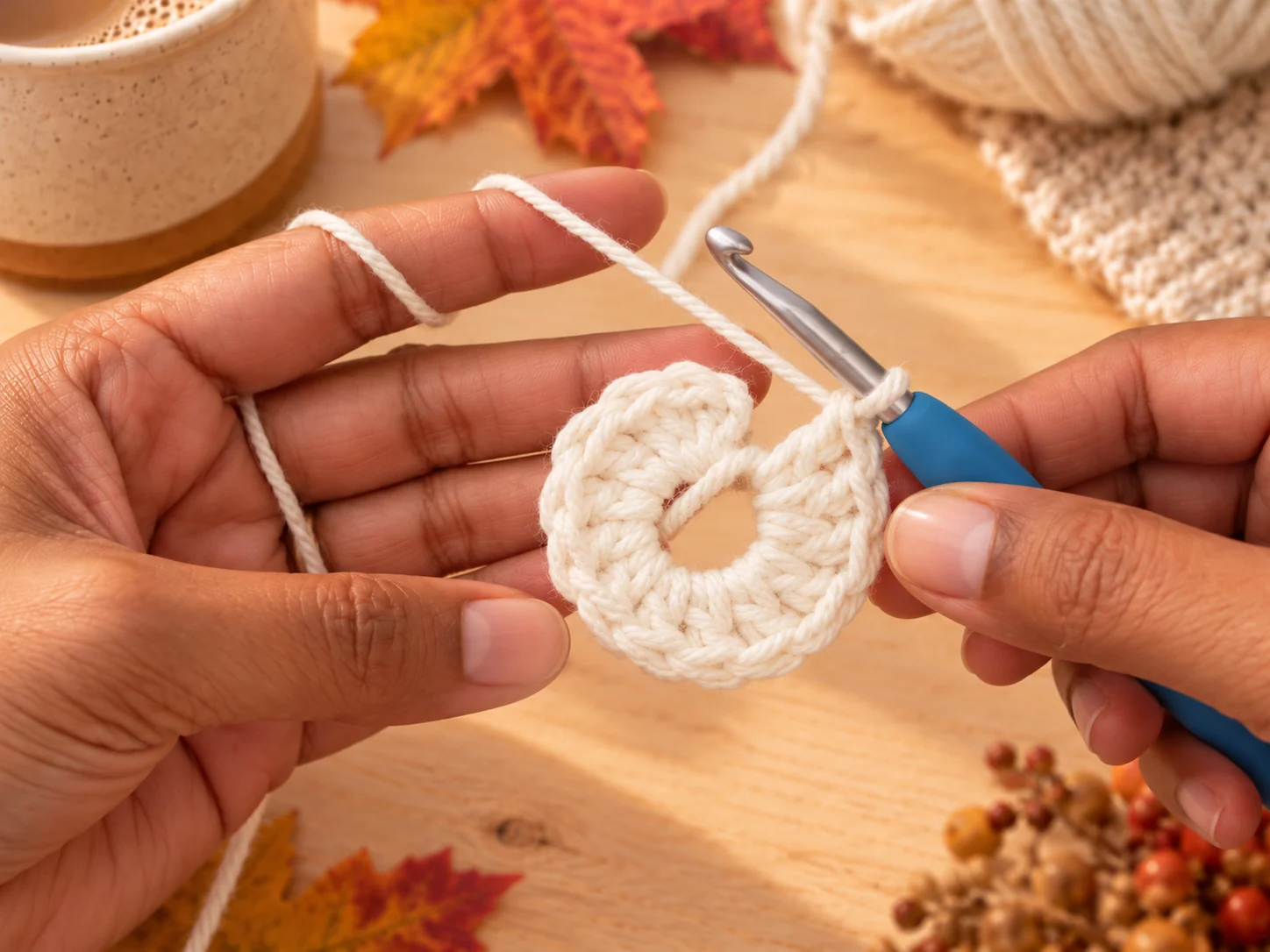 Crochet hook working double crochet stitches into a magic ring for a maple leaf crochet coaster base