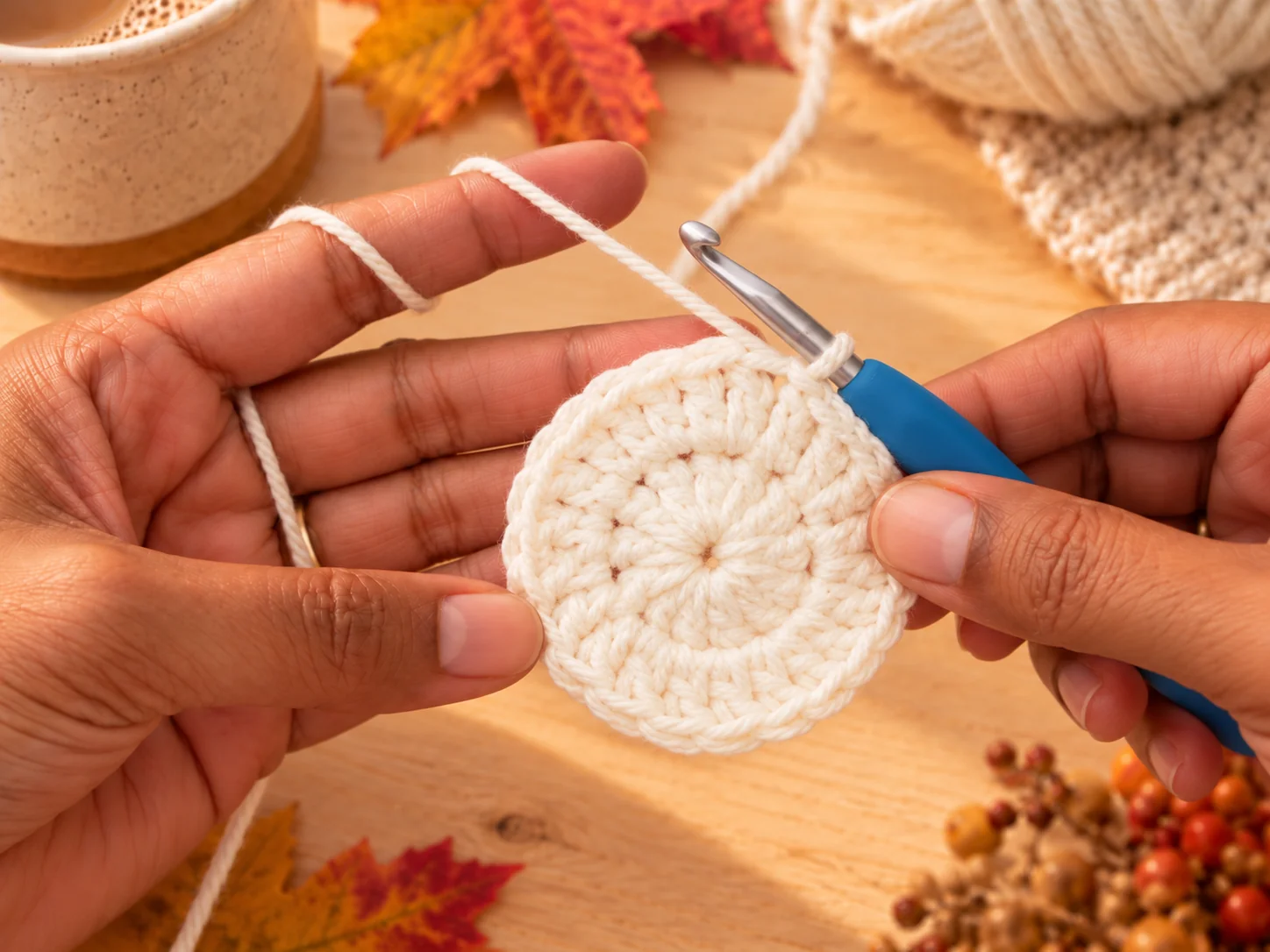 Flat cream crochet circle worked in double crochet, the base round of a maple leaf crochet coaster