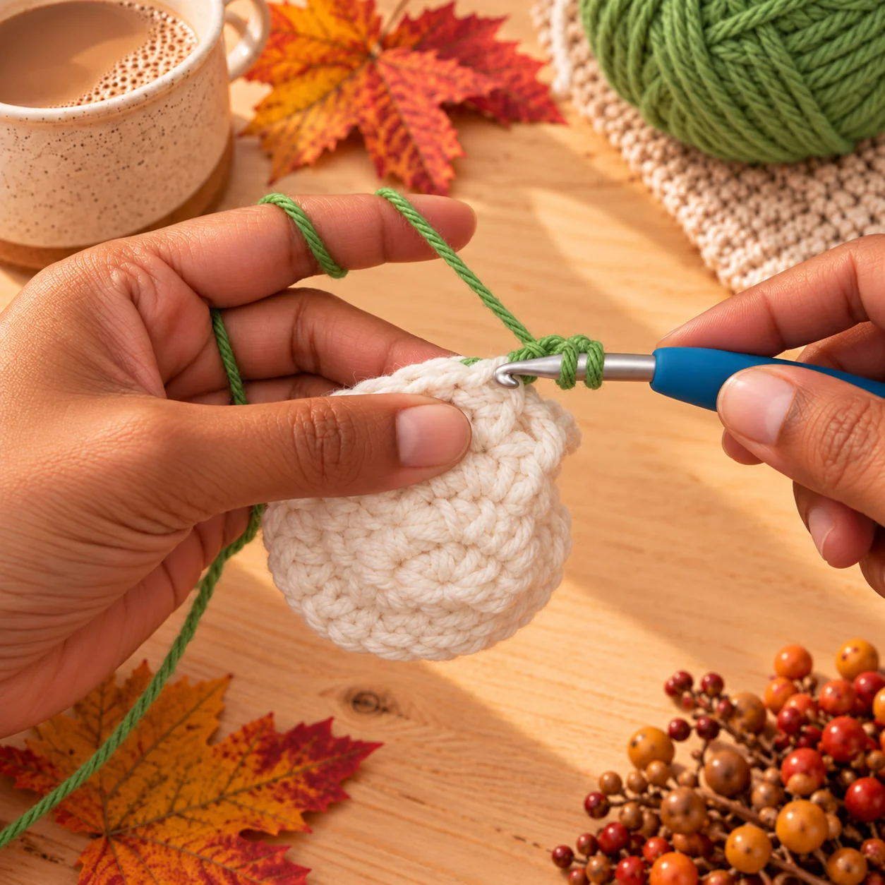 Green yarn joined onto a cream crochet base, starting a leaf motif on a maple leaf crochet coaster