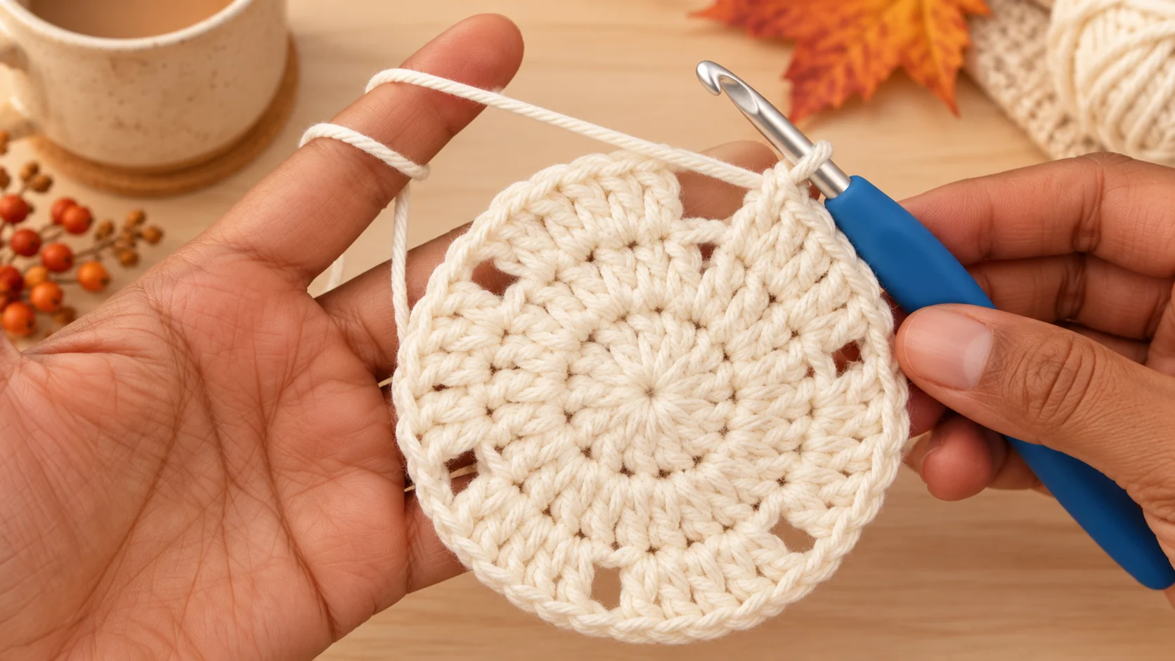 Lacy cream crochet circle with open chain spaces, ready for the raised leaves on a maple leaf crochet coaster