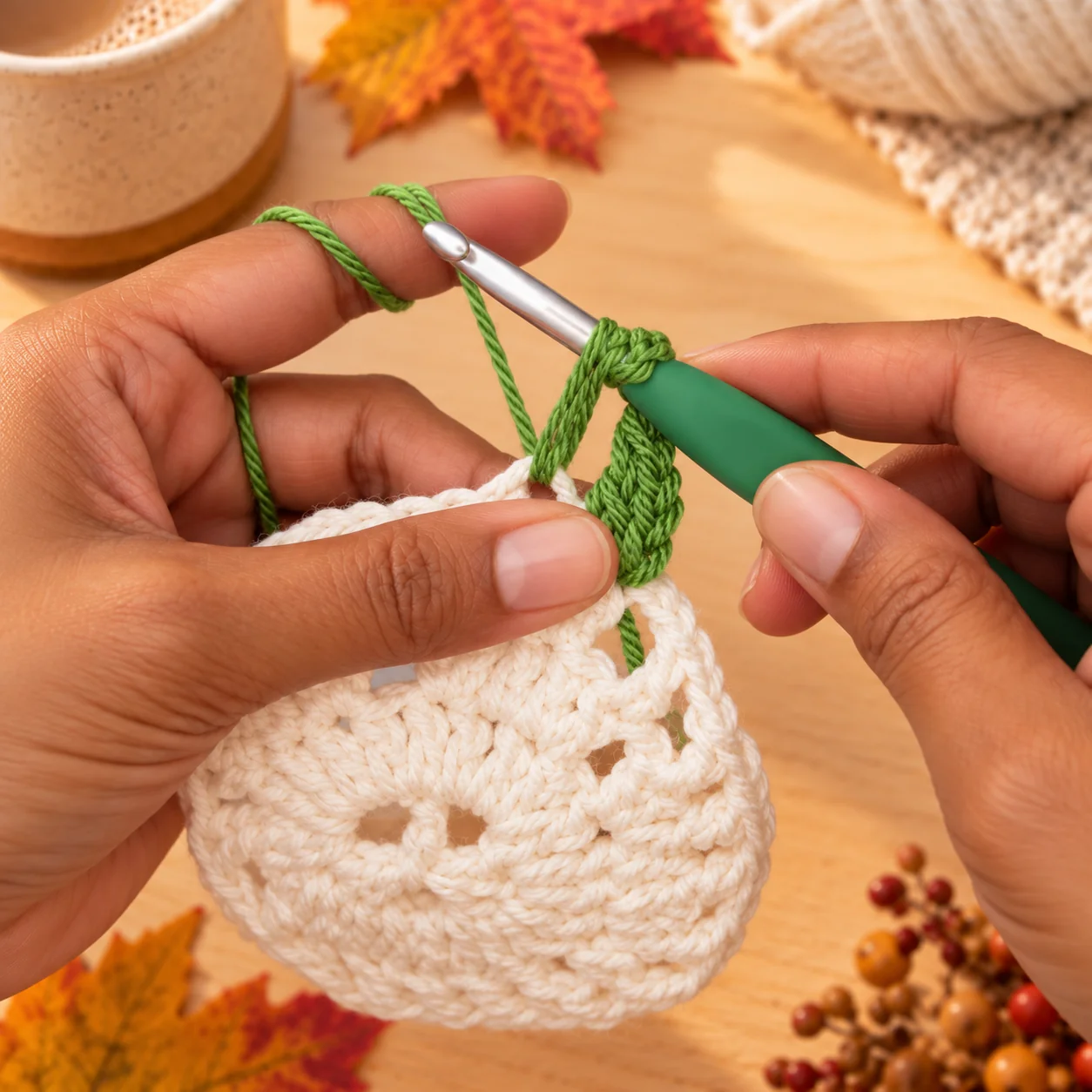 Crocheting a green cluster stitch onto the edge of a cream motif to form a maple leaf shape