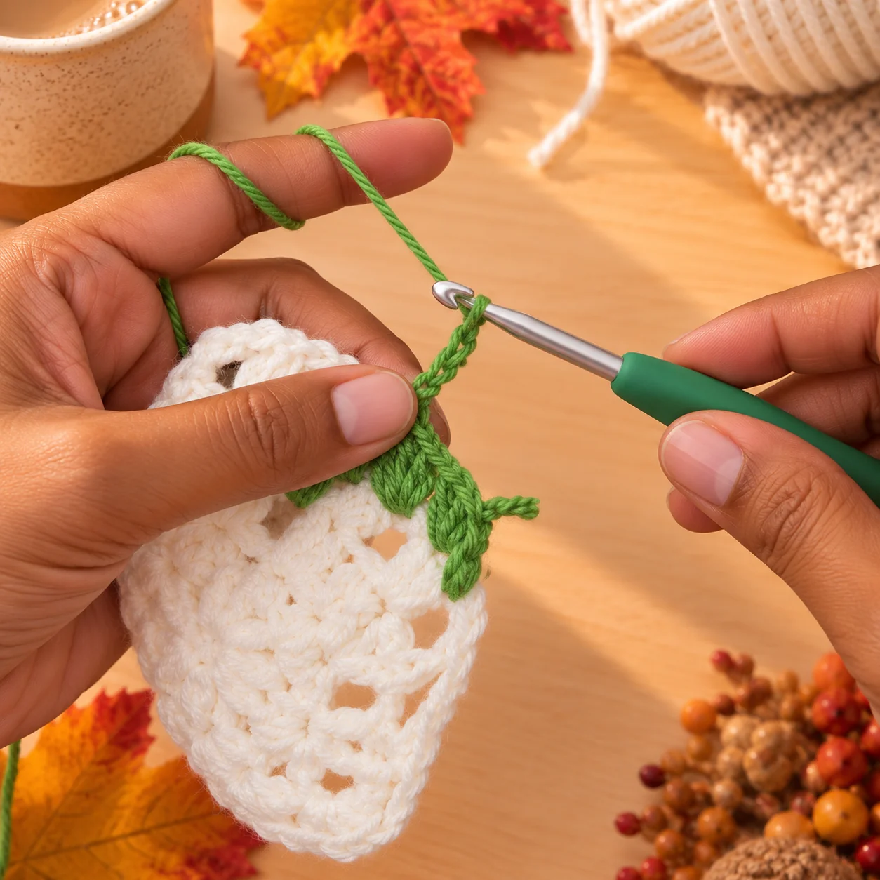 A green crochet leaf motif emerging from the edge of a cream maple leaf crochet coaster