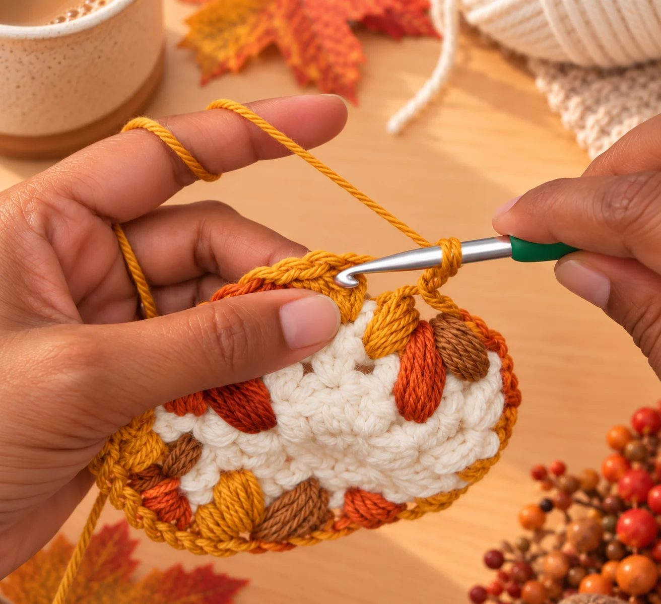 Finished maple leaf crochet coaster with raised autumn-colored leaf clusters in gold, rust and brown