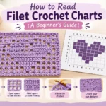 How to read filet crochet charts with a crochet swatch, numbered filet crochet graph, open and filled square examples, and step-by-step stitch guide