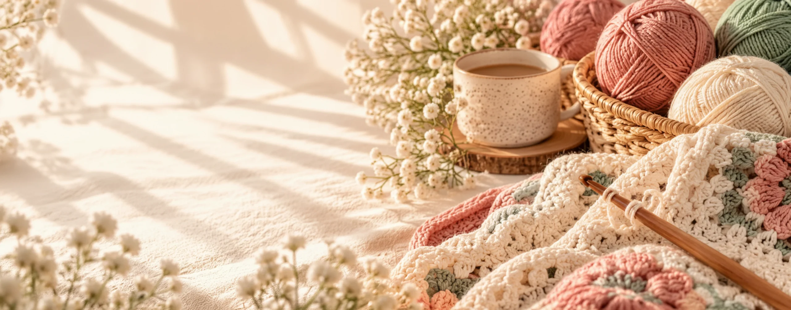 Cozy crochet yarn and tools flat lay